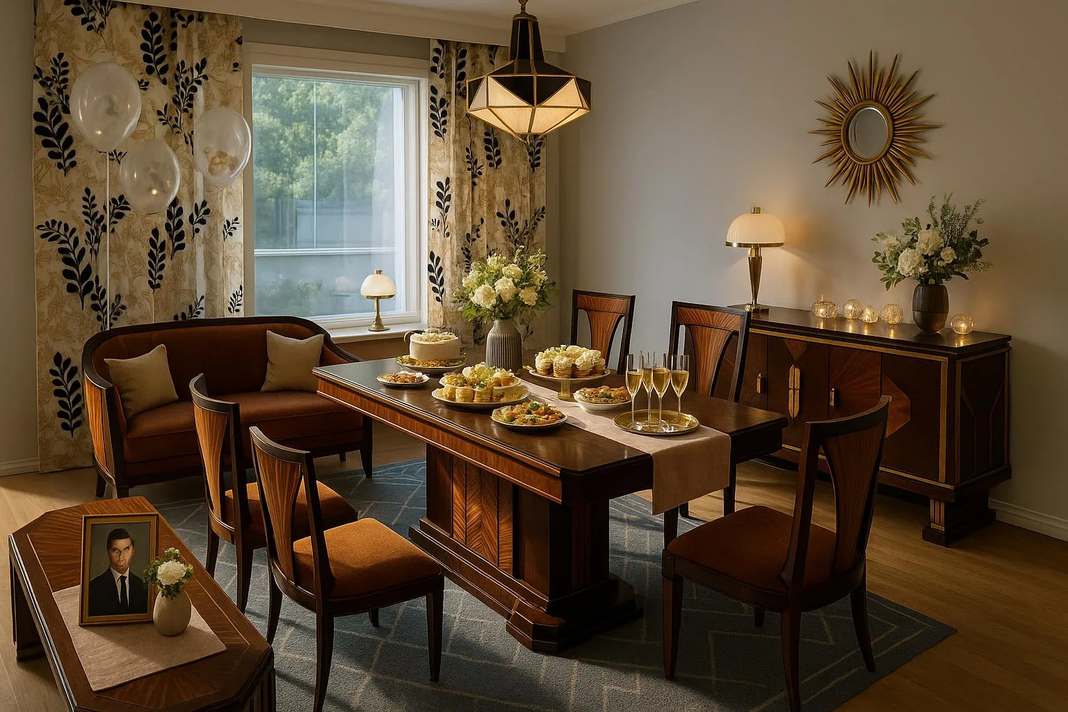 Olohuone art deco -tyylissä valmistujaisiin